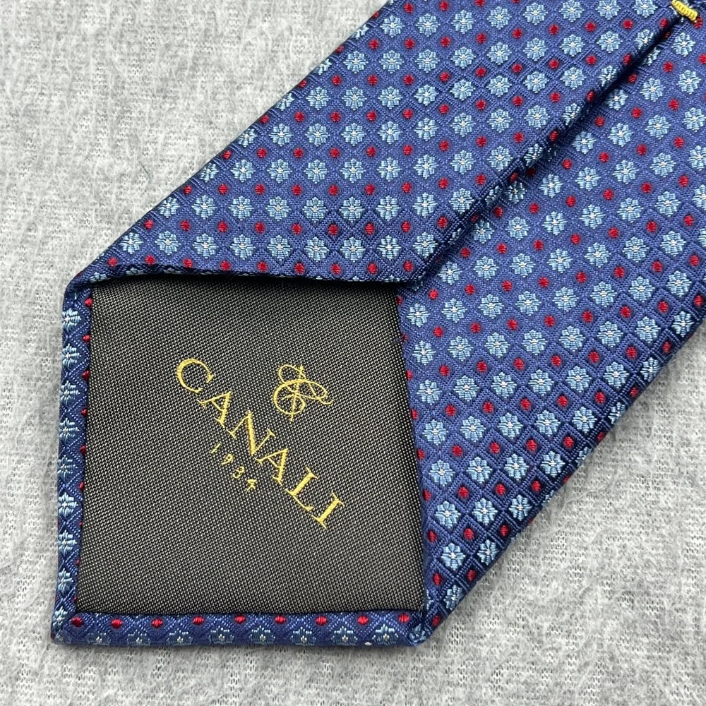 Canali 1934 Tie 100% Silk Blue Geometric Floral Medallion Check Italy Luxury